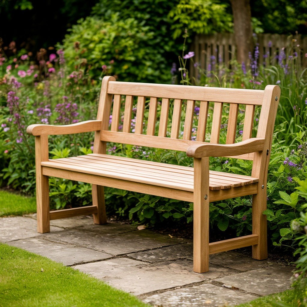 Handcrafted wooden garden bench in an English garden setting