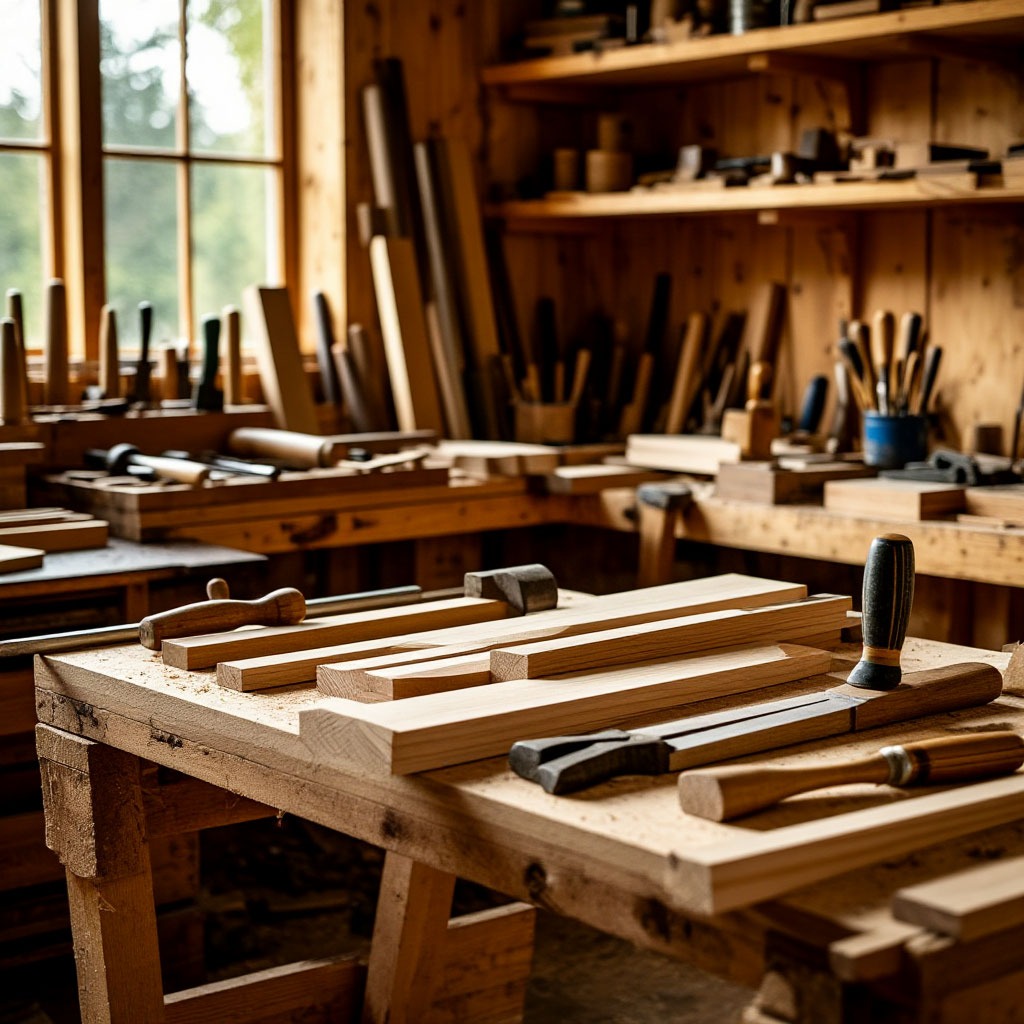 Sunlit woodworking workshop with hand tools and freshly planed timber on a workbench