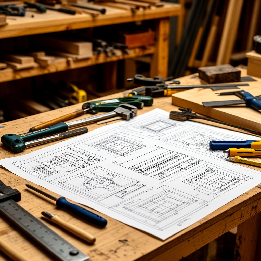 Detailed woodworking blueprints spread across a workshop table with measuring tools